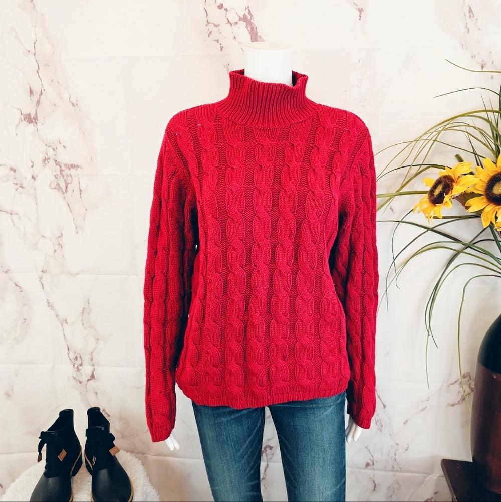L.L.Bean Cable Knit Sweater Medium Red Cotton Turtleneck Chunky Cozy Valentine